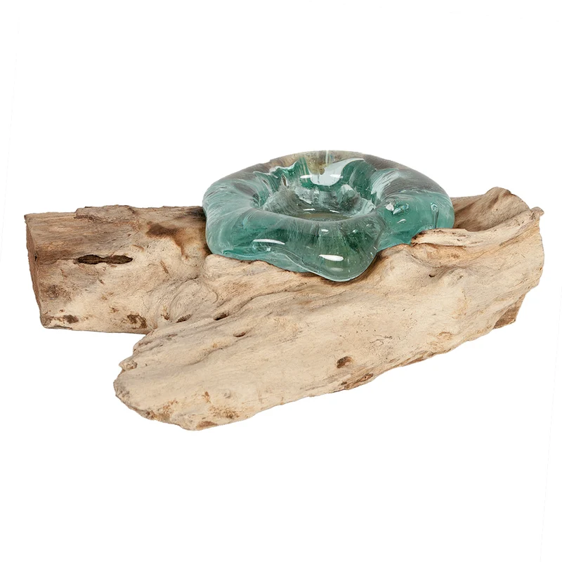 Unikat Teelichthalter DROP Teak recyceltes Glas