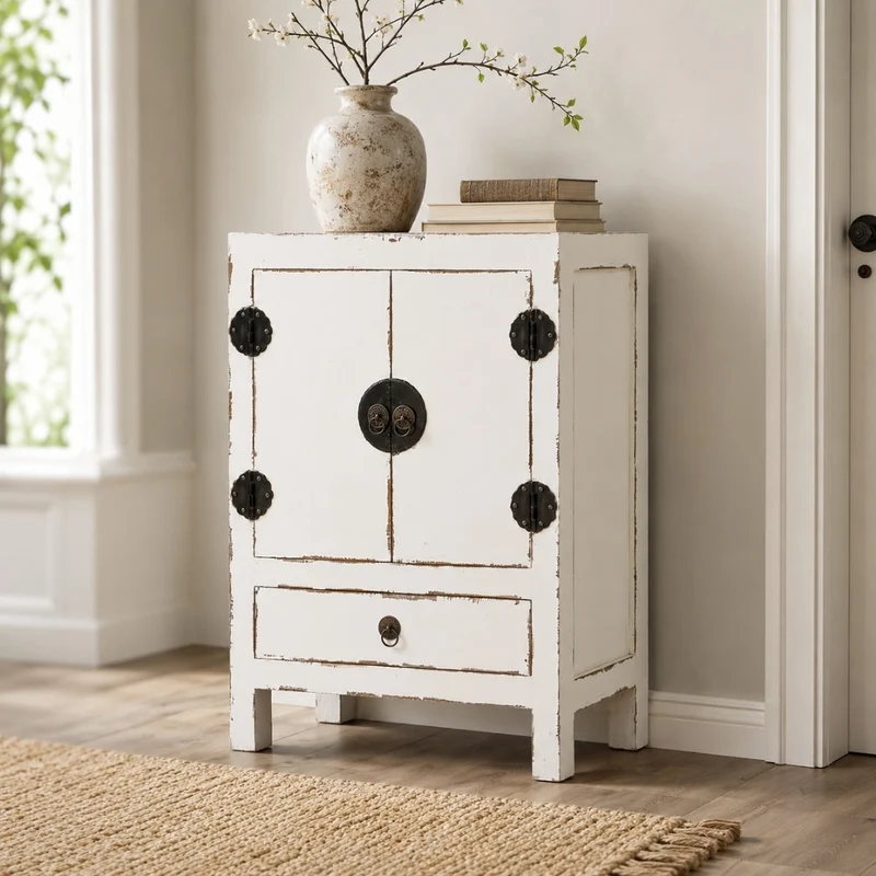 Massivholz Kommode ASIA 85cm Shabby Weiß