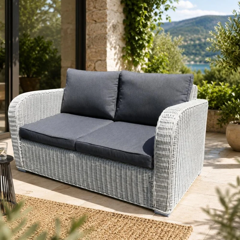 2er Lounge Sofa VITA rundes Polyrattan Eierschalenweiß