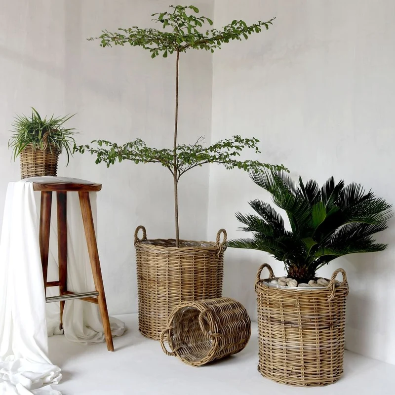 Natur Rattankorb BAKUL rund Grey 30cm Pflanzkorb Inlay Griffe