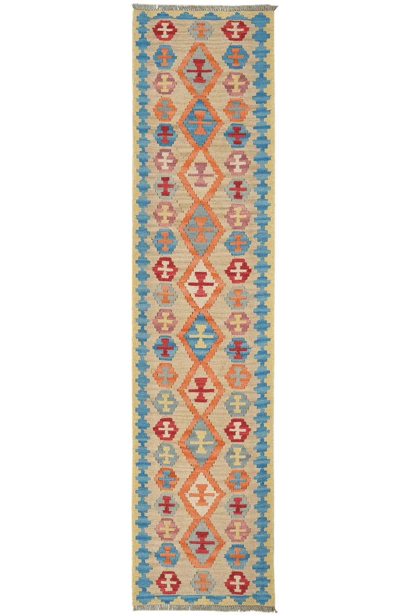 Kelim Gashgai · Handgewebt – Beige, 253x59 cm