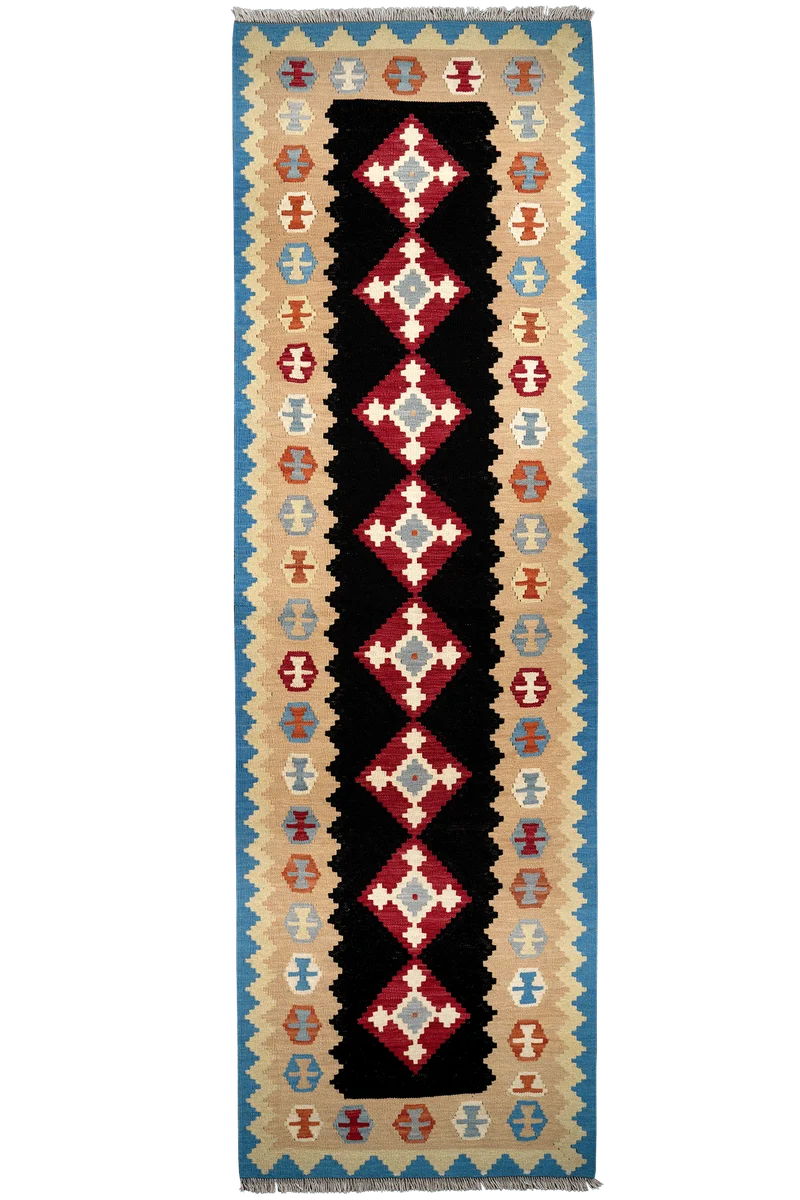Kelim Gashgai · Handgewebt – Schwarz, 300x92 cm