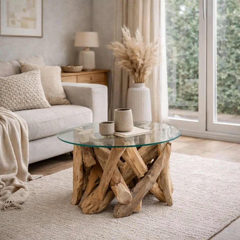 Individueller Teak Couchtisch TORA rund Glasplatte D70cm