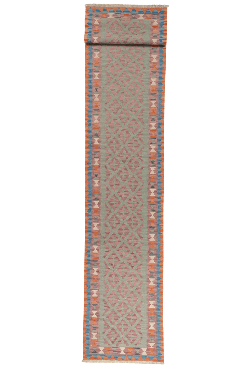 Kelim Gashgai · Handgewebt – Grün, 415x85 cm