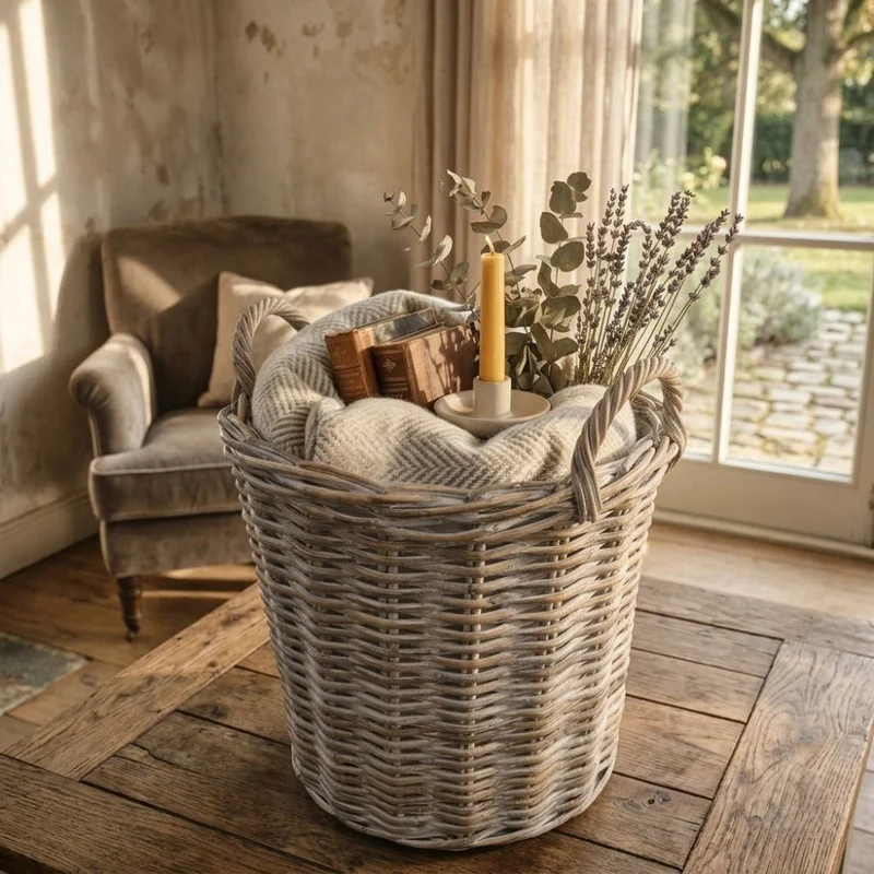 Natur Rattankorb BAKUL rund White Wash 30cm Pflanzkorb Inlay Griffe