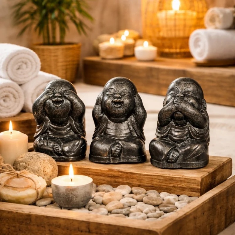 3er Set SHAOLIN Figuren Anthrazit aus Zement Buddha Wellness
