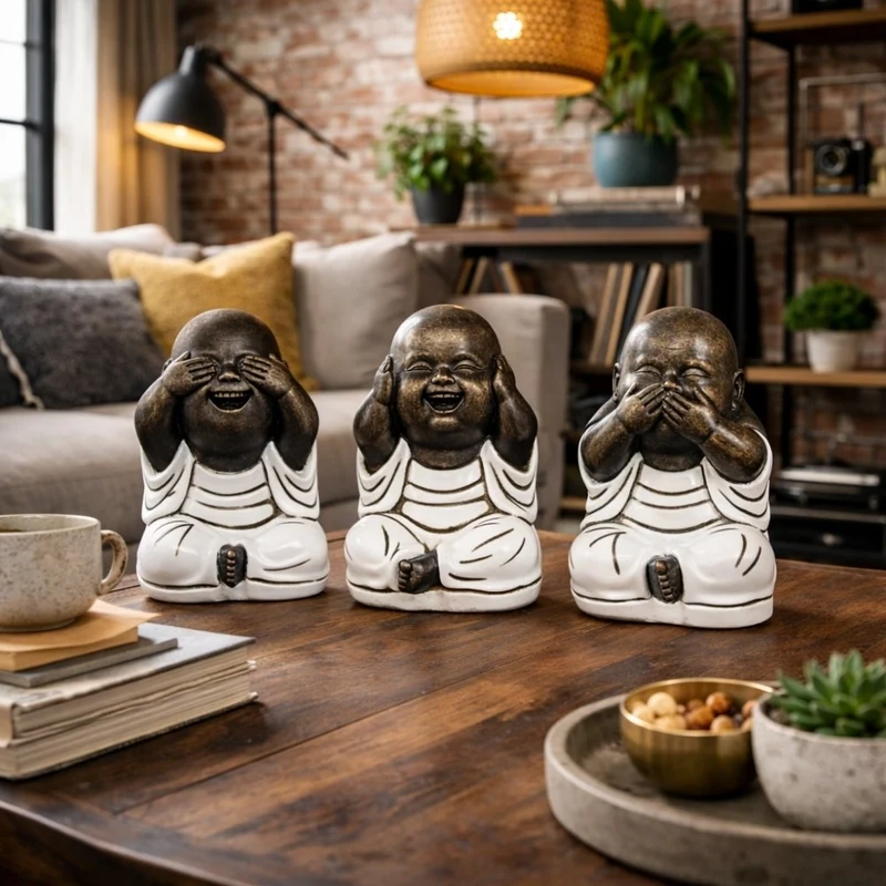 3er Set SHAOLIN Figuren Weiß aus Zement Buddha Figur Dekoration