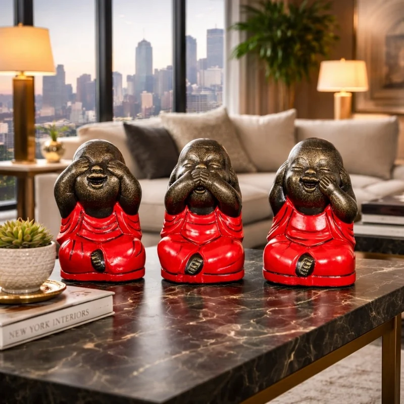 3er Set SHAOLIN Figuren Rot aus Zement Buddha Figur Dekoration