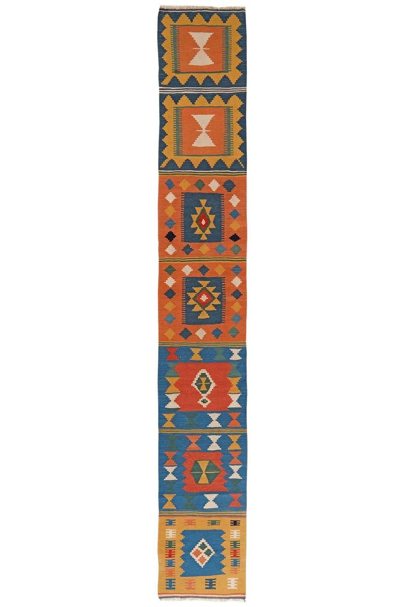 Kelim Gashgai · Handgewebt – Blau, 355x52 cm