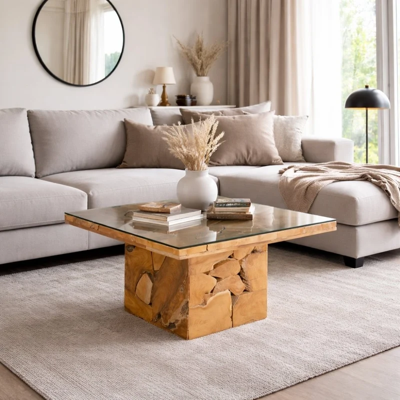 Massiver Couchtisch SQUARE aus Teakholz 80cm mit Glasplatte
