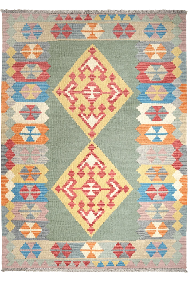 Kelim Gashgai · Handgewebt – Grün, 242x172 cm