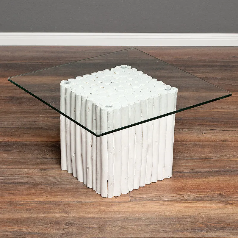 Teak Couchtisch NICO Weiß inkl. Glasplatte 70x70cm