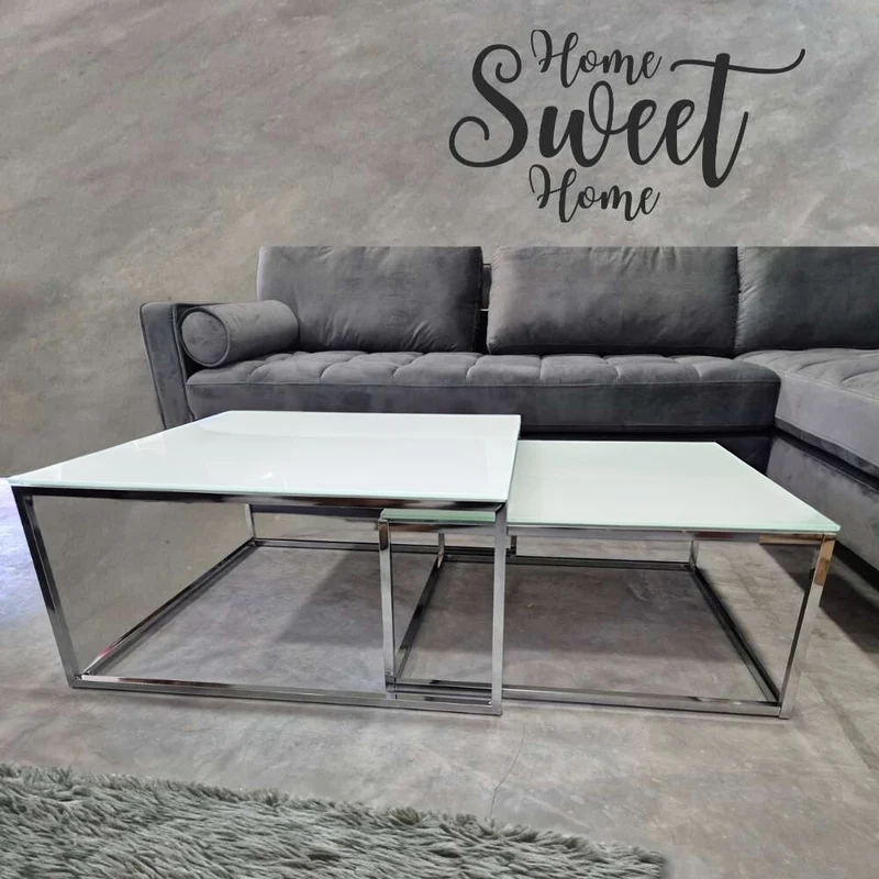 2er Set Design Couchtisch MENTO 75cm Sicherheitsglas 8mm Chrom
