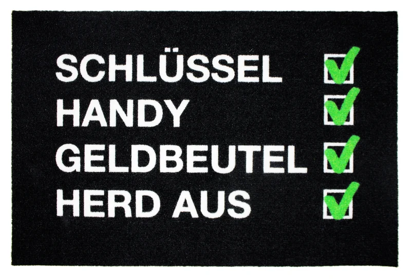Checkliste Fußmatte Schlüssel, Handy, Geldbeutel, Herd aus