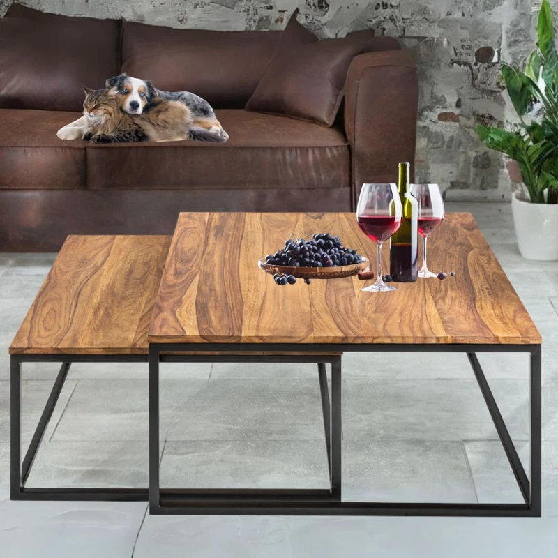 2er Set Design Couchtisch MENTA 65cm Natural Massivholz