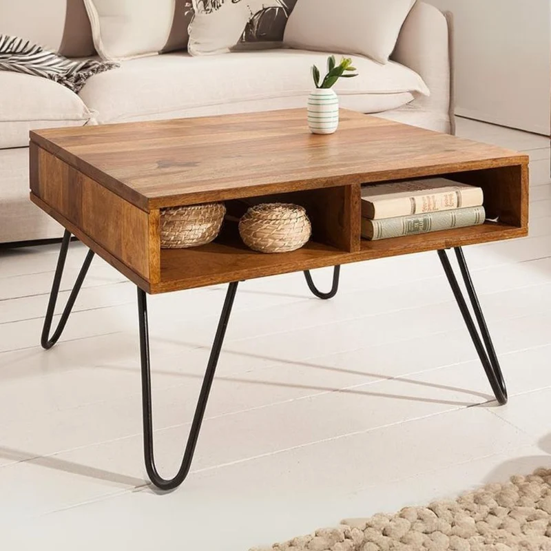 Trendiger Couchtisch ALINA 60cm natur Massivholz Ablagefächer