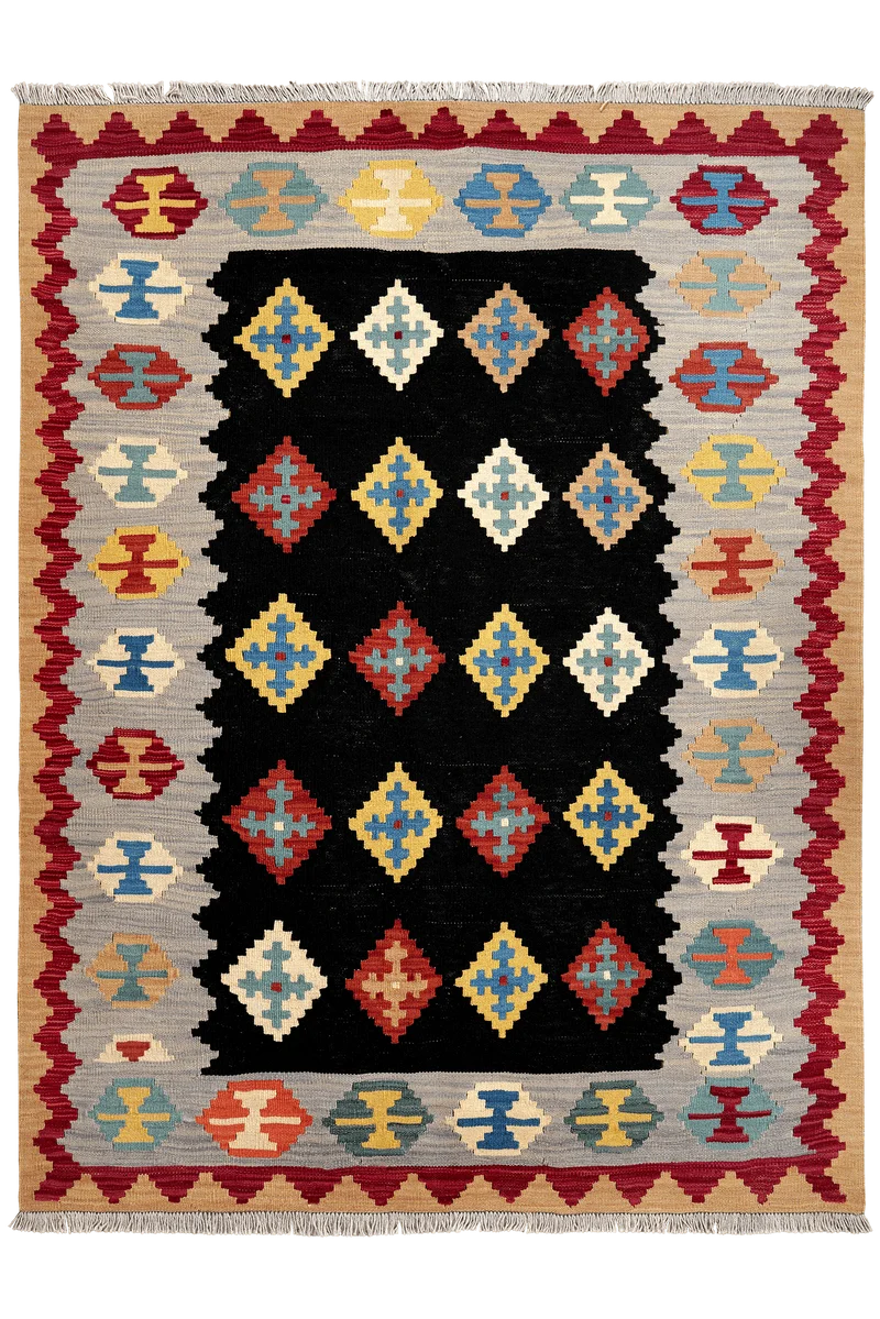 Kelim Gashgai · Handgewebt – Schwarz, 197x149 cm