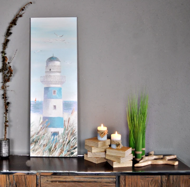 Leinwand Ölbild Leuchtturm am Strand 40 x 120 cm