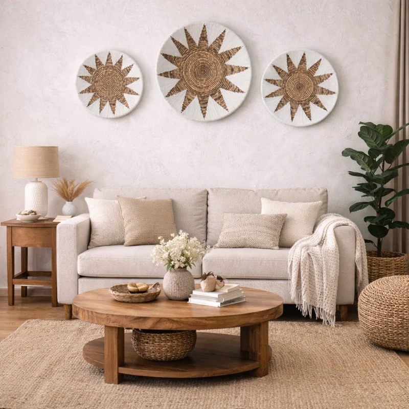 3-tlg. Wanddeko-Set SOLEIL rund 50cm natur Bast Boho Dekoration