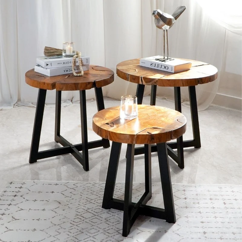 Runder Massivholz Beistelltisch BAGIAN 60cm Teak natural Metall
