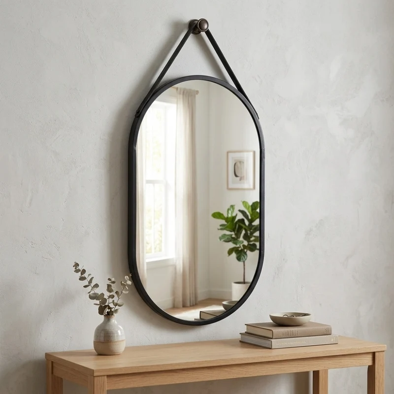 Moderner Spiegel PANIR 60cm oval schwarzer Metallrahmen Gurt