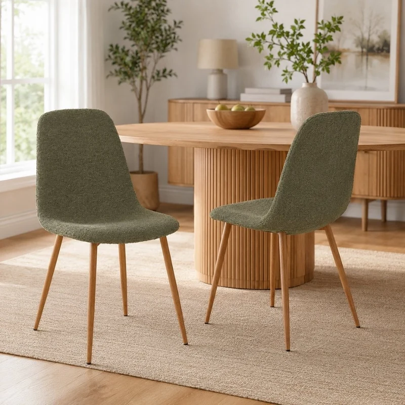 2er Set Esszimmerstuhl MALMÖ dunkelgrün Bouclé Holzlook-Beine
