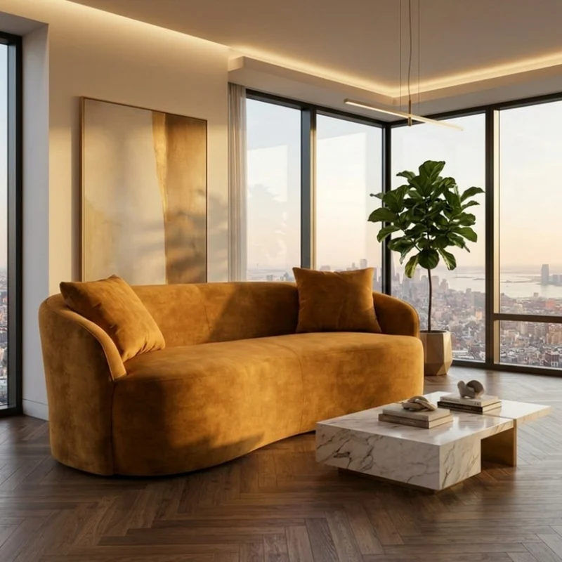 Design Sofa ARCO senfgelb 2-Sitzer Couch Samt 180 cm Federkern