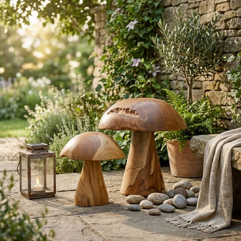 2er Set Teak-Deko-Pilze JAMUR 35cm natürliche Holzdeko Garten