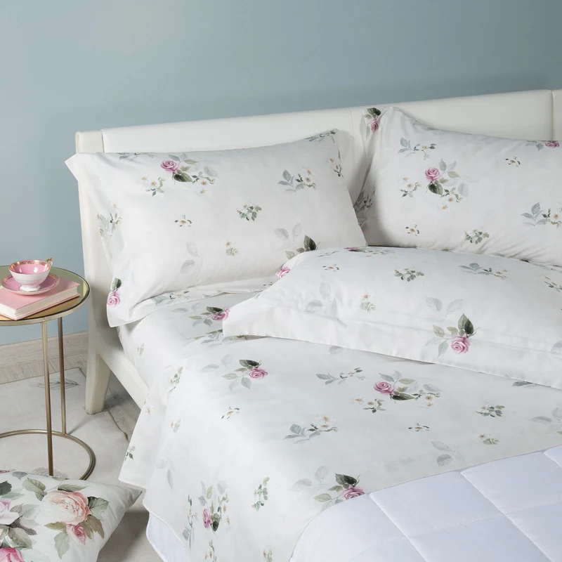Completo Lenzuola rose e fiori in Raso di cotone