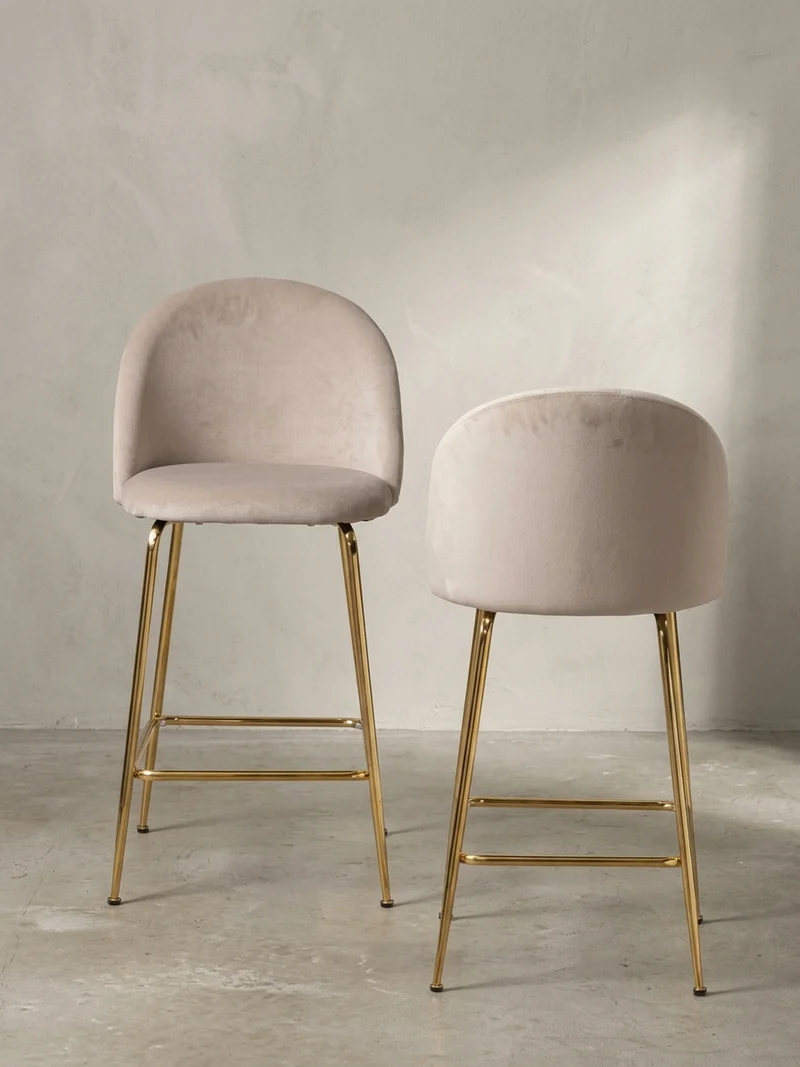 Barhocker 2er Set Samt Lehne Goldgestell Skandi-Stil Gepolstert