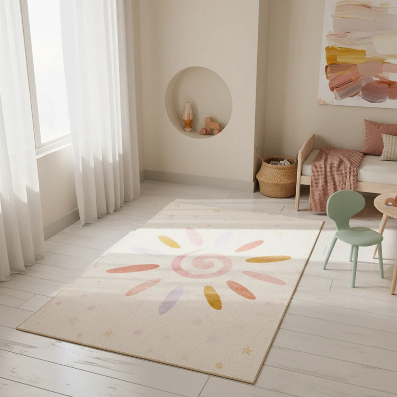 Kinderteppich Flachgewebe Floral-Sonne – Rutschfest & Waschbar für Kinderzimmer