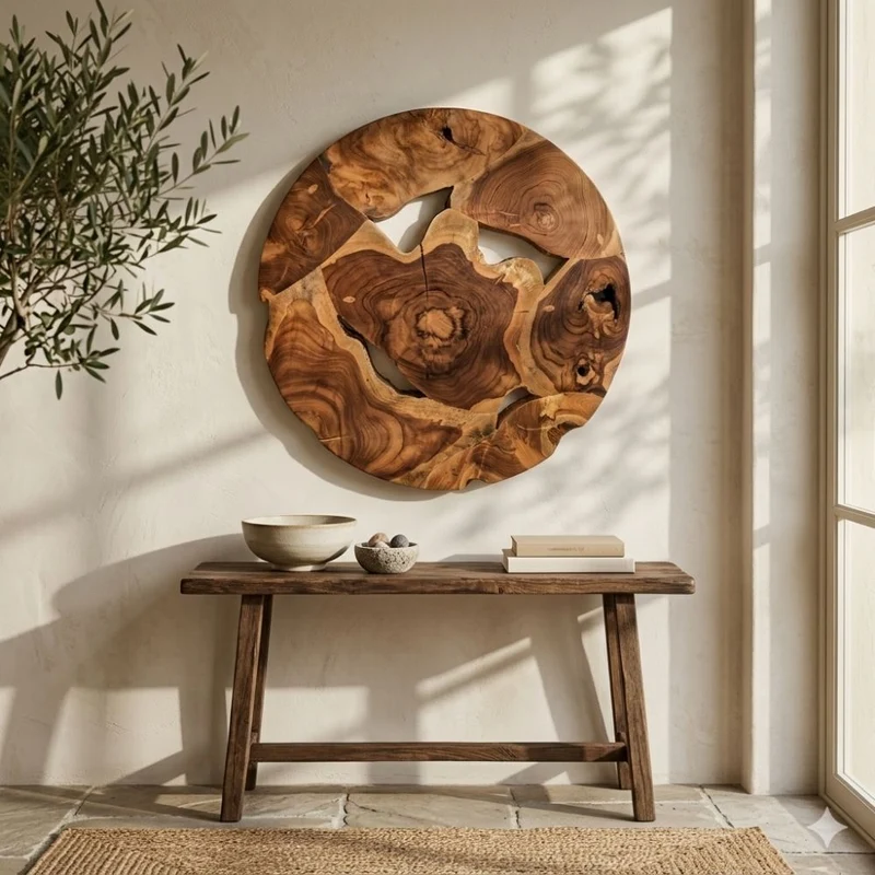 Wand-Deko aus Teakholz BAGIAN rund 60 cm Unikat Wandbild
