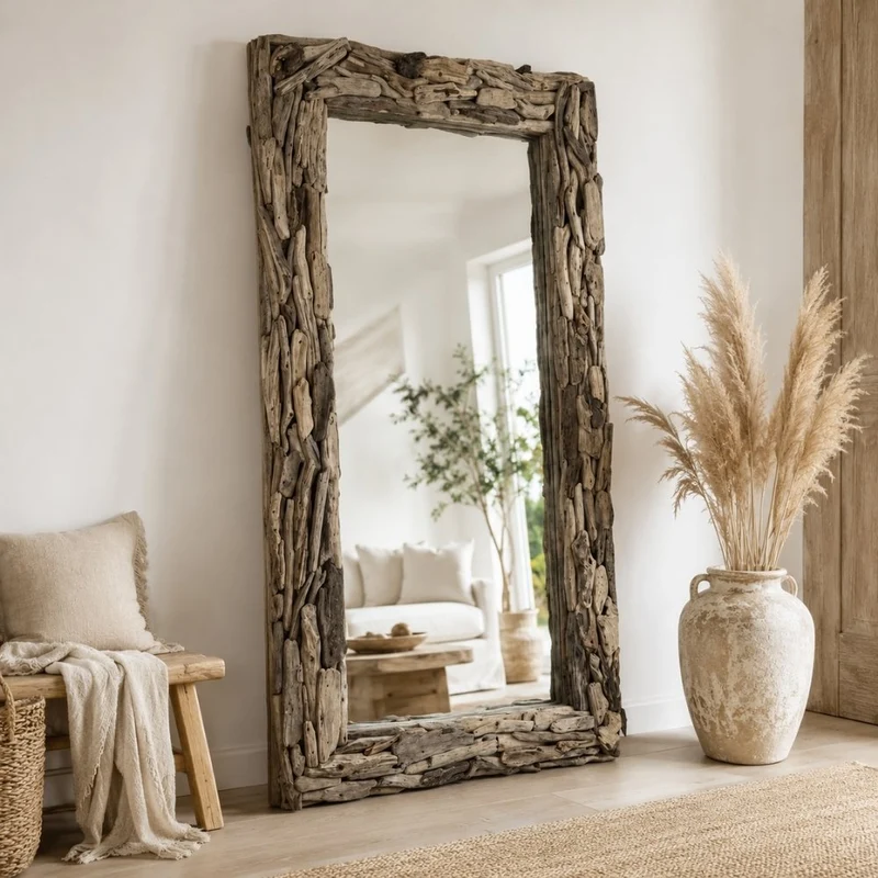 Unikat Spiegel MOSAIK 200cm Treibholz grau-braun Massivholz