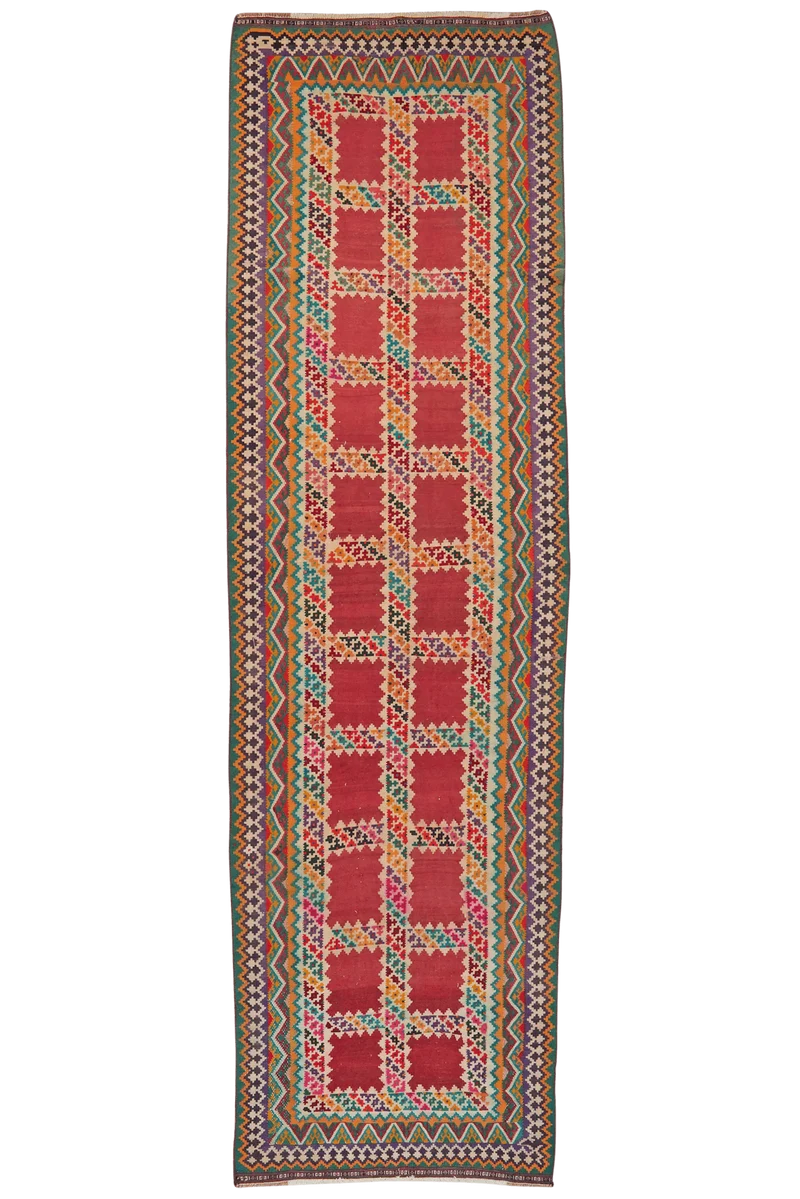 Kelim Gashgai Old · Handgewebt – Bunt, 427x121 cm