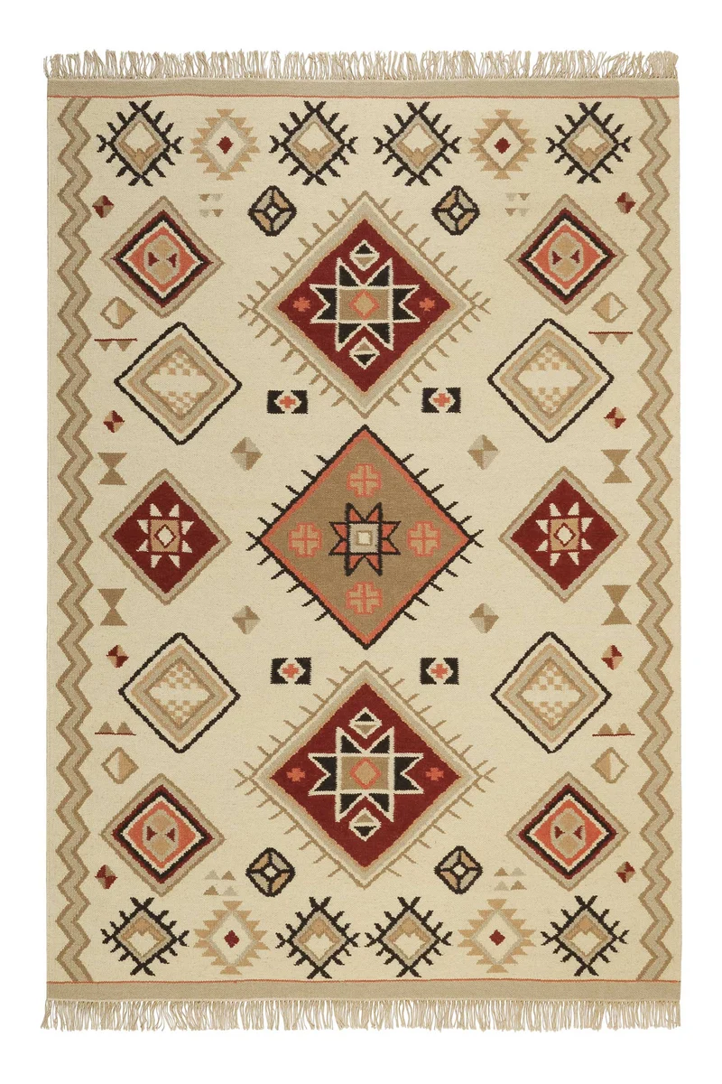 Kelim Teppich Creme Beige Rot aus Wolle "Brionne" Green Looop