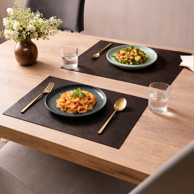 Rectangular Optic Grain Faux Leather Placemats, Set of 2 - Black Coffee
