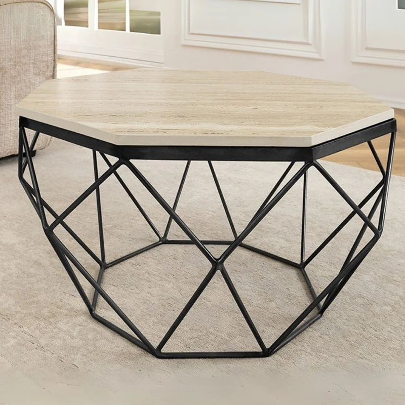 Exklusiver Couchtisch BIJOUX ca.70cm beige Travertin schwarz Metall