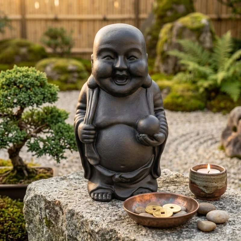 Dekorative Figur LUCKY BUDDHA 70cm antik-schwarz Garten Indoor