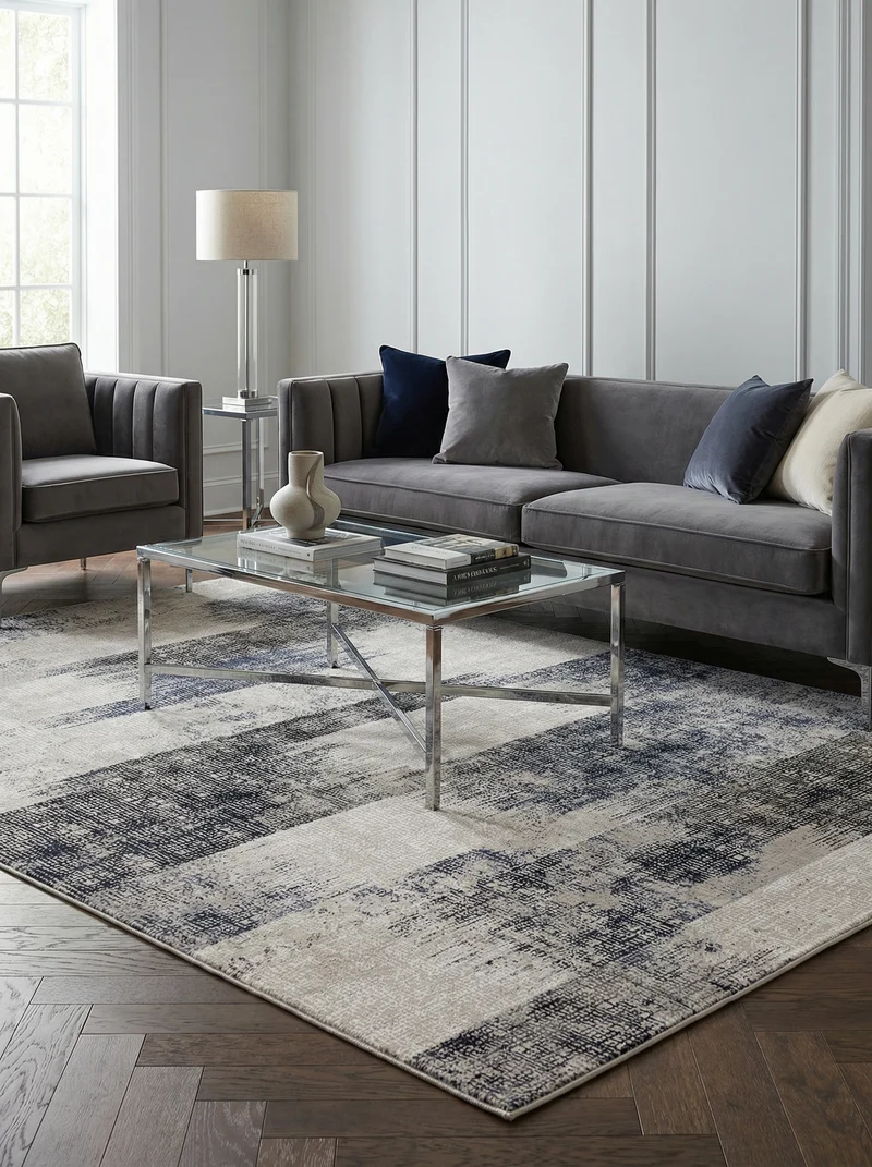 Teppich Velours geometrisch abstrakt pflegeleicht rutschfest Dunkelblau/Terrakotta