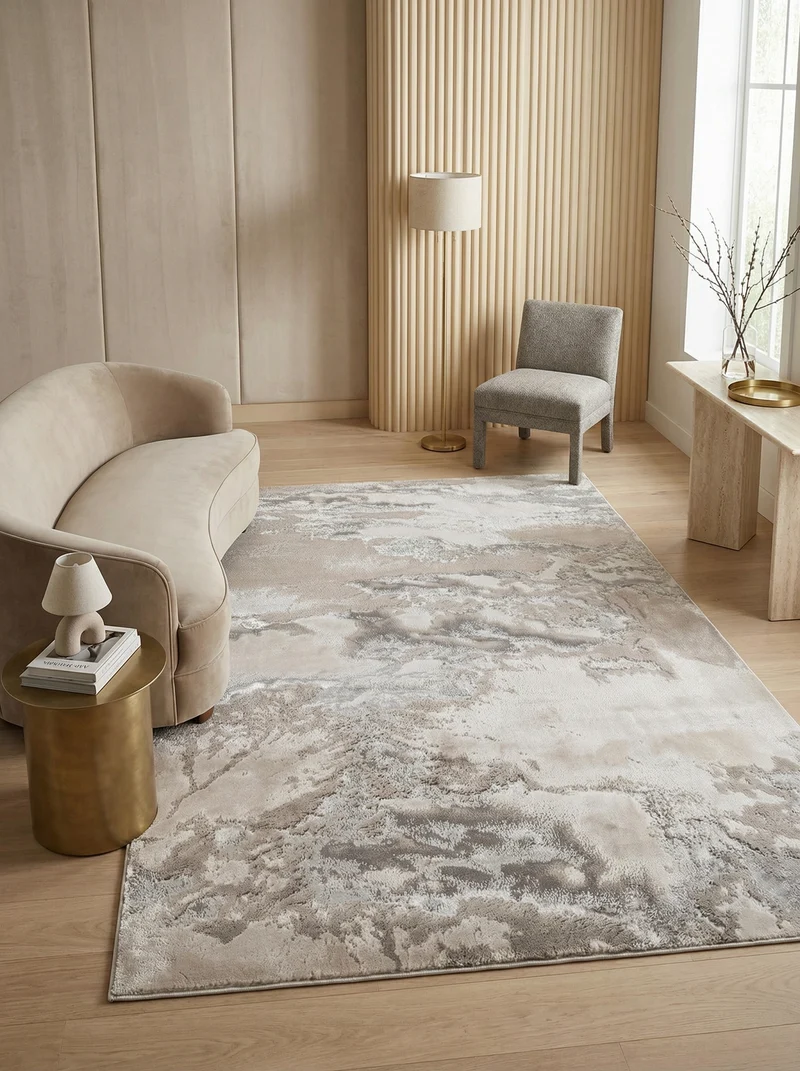 Teppich Polyester flachflor abstrakt hochglanz Silber/Cremeweiß