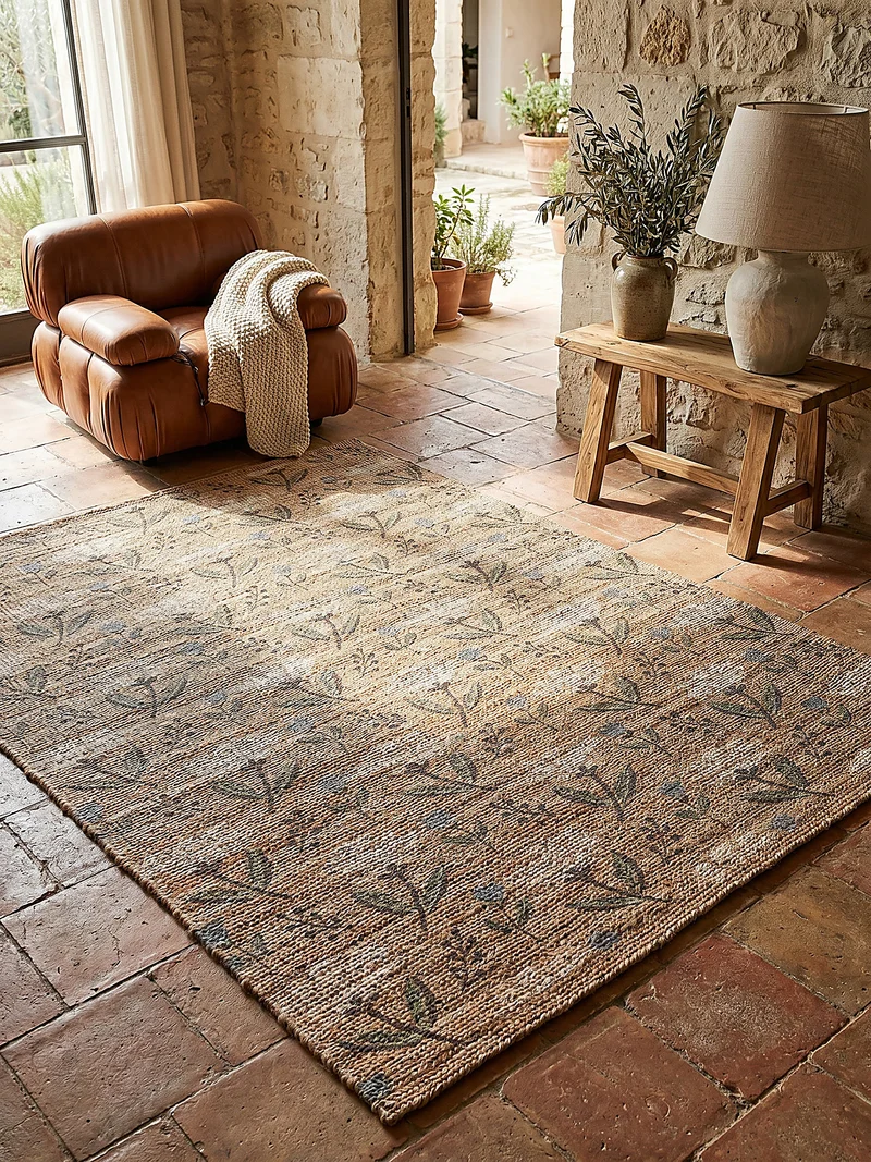 Jute-Teppich florales Naturmotiv · 67 % Jute · handgewebt