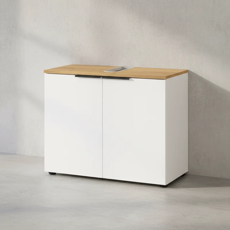Waschbeckenunterschrank Weiß-Beige 70x34x58 cm mit Siphonaussparung