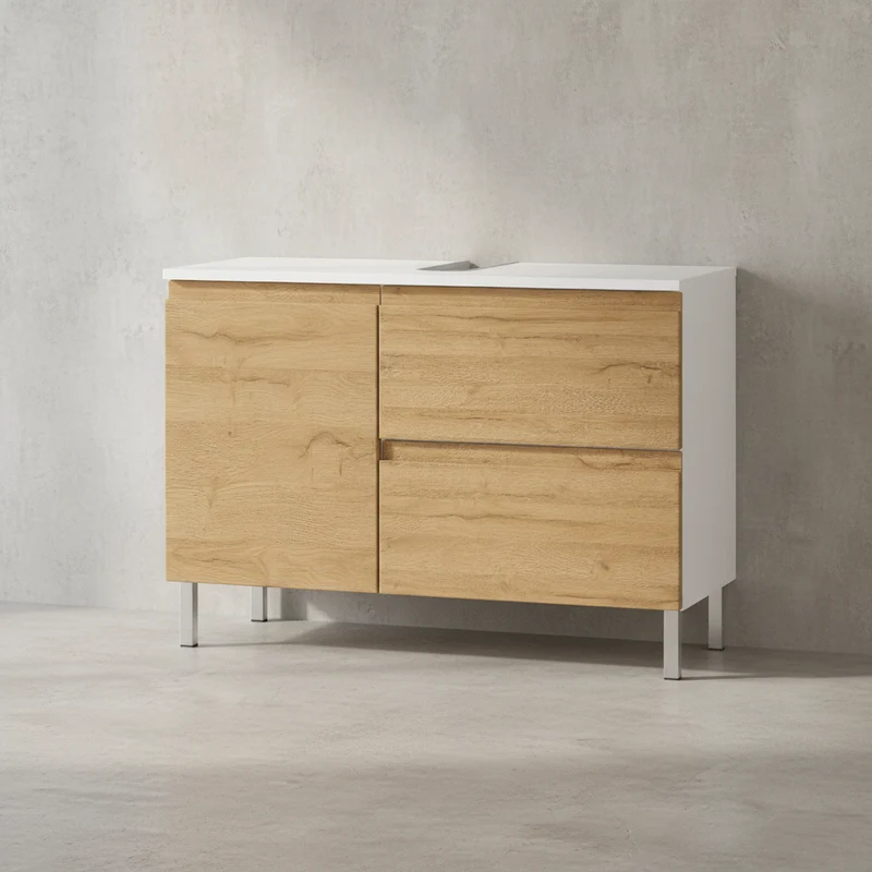 Waschbeckenunterschrank Weiß und Eiche Grandson 80x34x56 cm mit Chromfüßen
