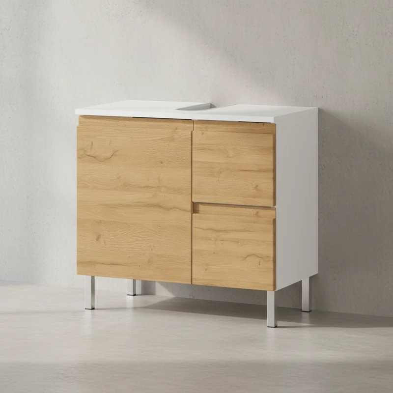 Waschbeckenunterschrank Weiß und Eiche Grandson 60x34x56 cm mit Chromfüßen