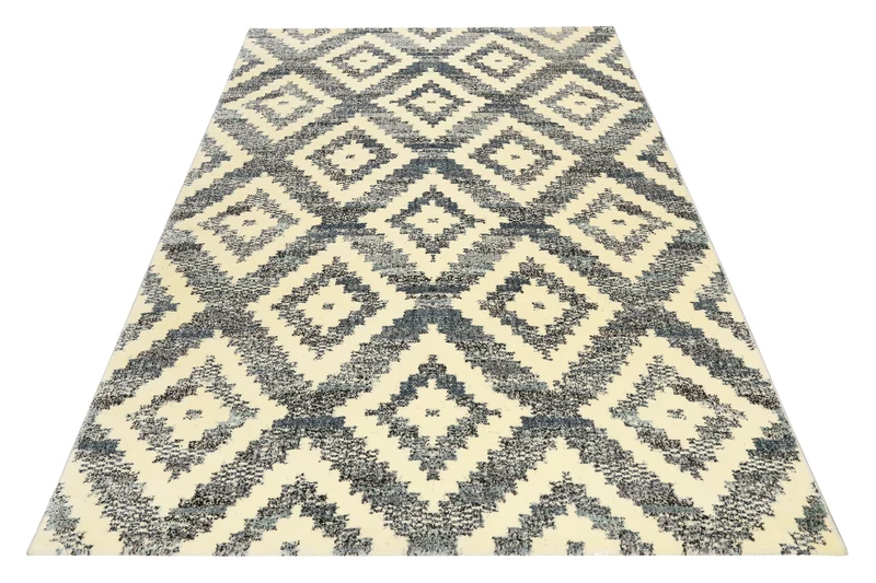 Teppich 160x230 Wohnzimmer Dunkelblau Creme Rautenmuster