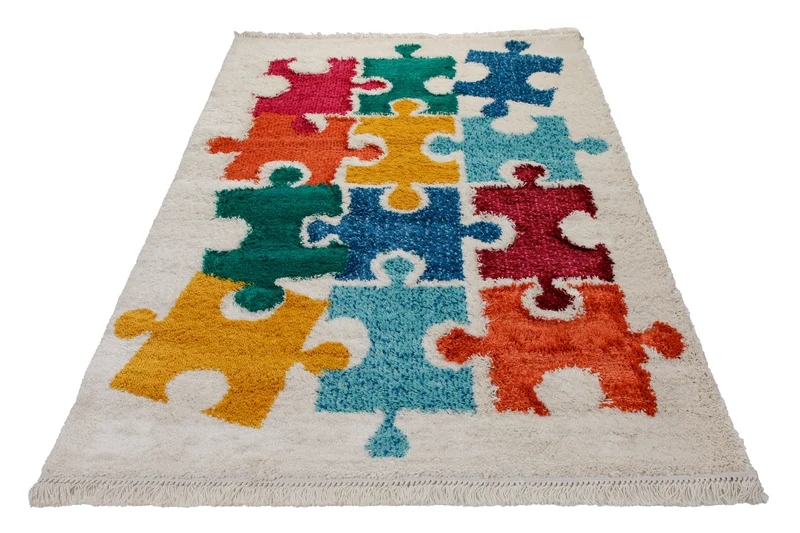 Teppich Kinderzimmer 160x230 Creme Bunt Puzzleteile