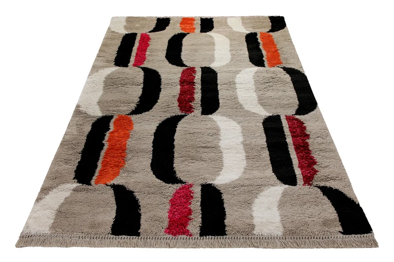 Teppich 160x230 Wohnzimmer Beige Schwarz Weiß Rot Muster