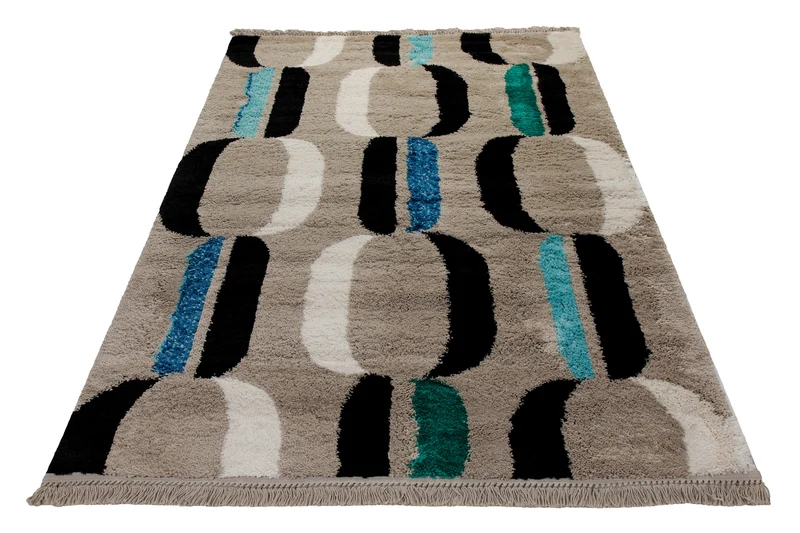 Teppich 160x230 Wohnzimmer Beige Schwarz Weiß Blau Muster