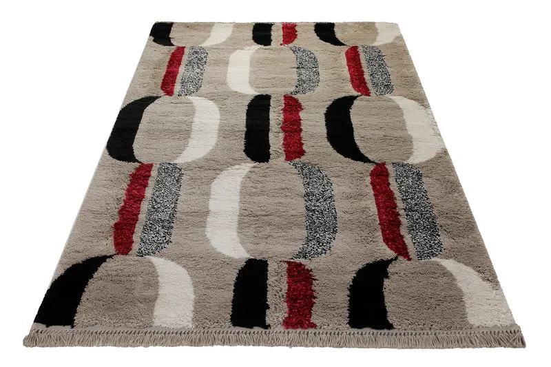 Teppich 160x230 Wohnzimmer Beige Schwarz Weiß Rot Muster