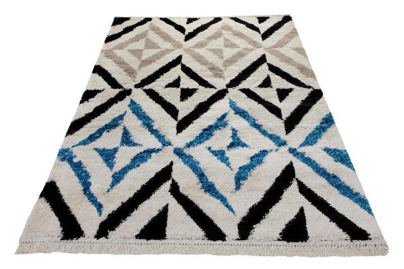 Teppich 160x230 Wohnzimmer Creme Beige Blau Schwarz Muster